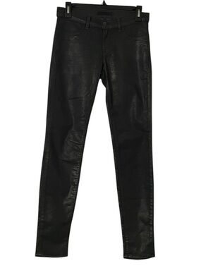 J Brand Women's Dark Green Coated Leather Low Rise Super Skinny Jeans Size 27